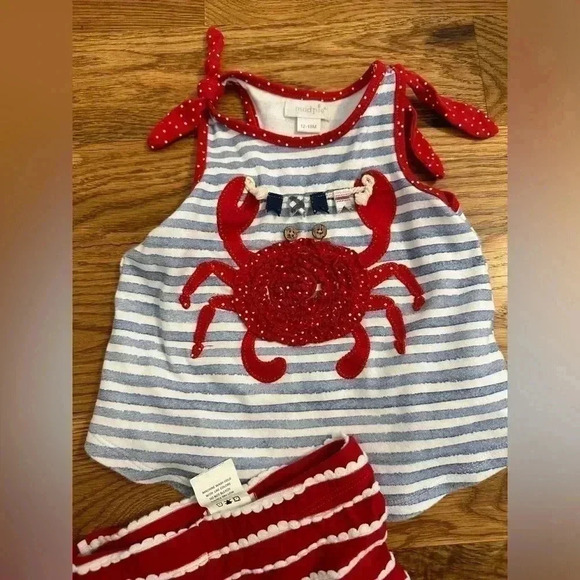 Mud Pie Crab Applique Blue Stripe Sleeveless top and red pants - Picture 3 of 12